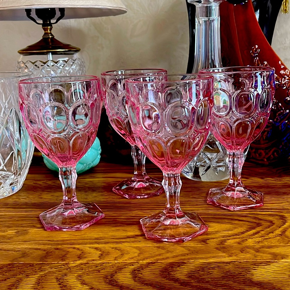 Rare Set of 3 Pink Vintage Fostoria moonstone water goblets
